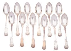 Twelve Scottish silver single-struck King's pattern table spoons, all Edinburgh,