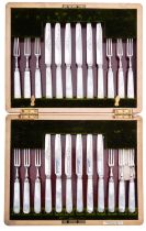 A set of twelve Edward VII silver and mother of pearl dessert knives and forks by Elkington & Co,
