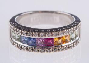 An 18ct white gold multi-colour sapphire ring,