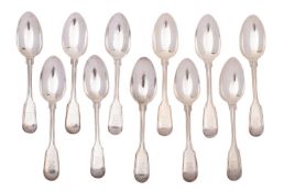 A set of eleven Victorian silver fiddle and thread pattern teaspoons, makers John & Henry Lias,