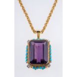 A large amethyst, turquoise and diamond pendant with chain,