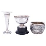 A group of three silver vessels, comprising: a small presentation bowl with canted sides and stand,