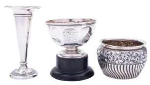 A group of three silver vessels, comprising: a small presentation bowl with canted sides and stand,