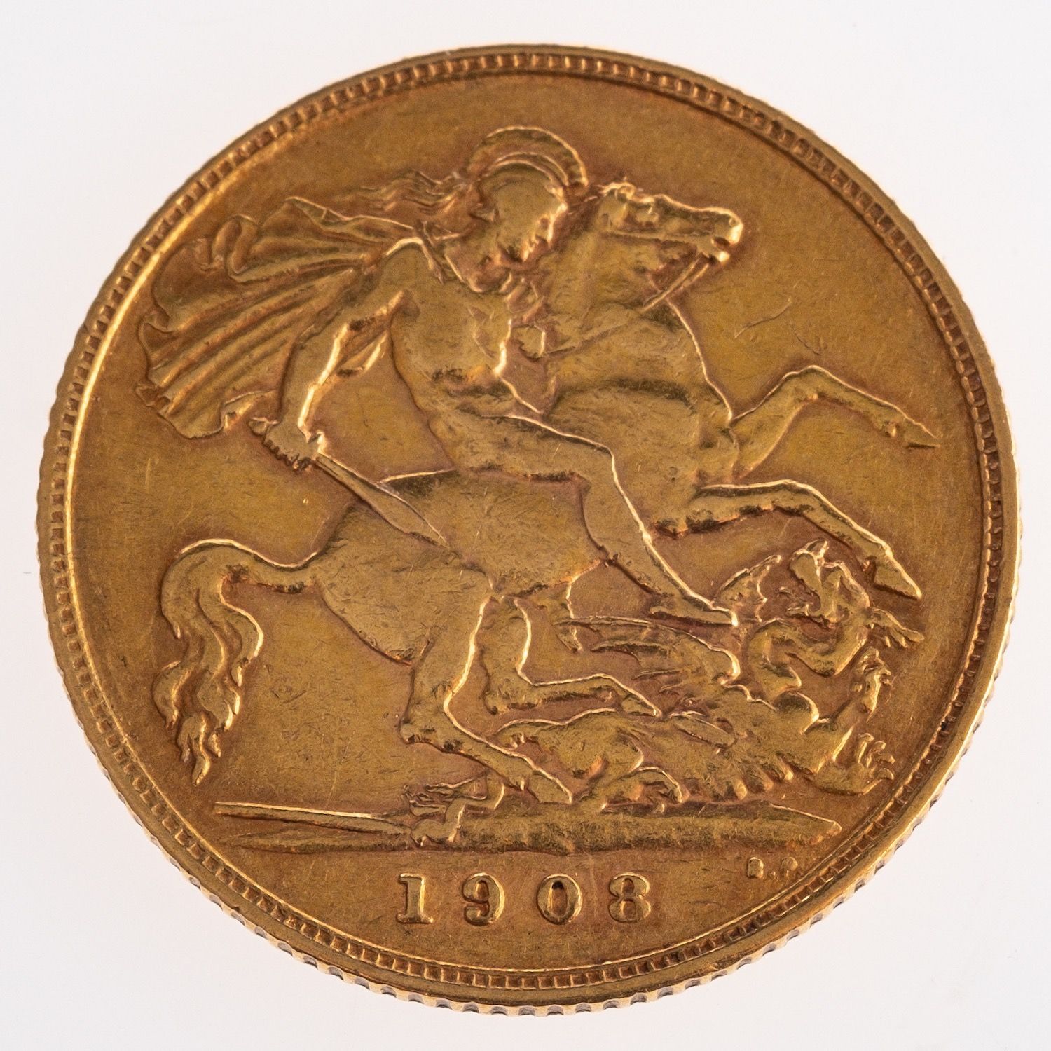 A half sovereign, an Edward VII 1908 half sovereign, 3.9grams.