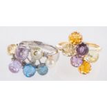 Two briolette set rings, a ring set with multi-briolette stones in purple, orange & yellow,
