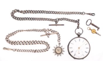 A silver open-faced pocket watch the dial with gold spade hands and black Roman numerals with the