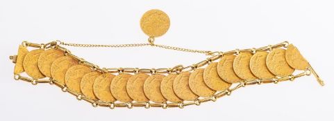 A 22ct yellow gold bracelet, composed of nineteen '50' Piastra gold coins (Turkish), dated 1911,