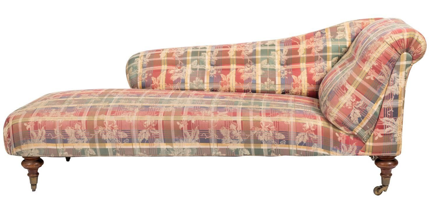 A Victorian upholstered chaise longue; with Tartan brocade upholstery,