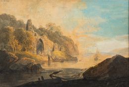 William Payne (British, 1760-1830) Ruined Abbey by the shore Watercolour 20 x 29.