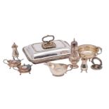 A group of silver plated items, comprising of: a four-piece cruet set,