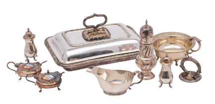 A group of silver plated items, comprising of: a four-piece cruet set,