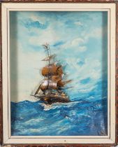A framed illuminated paper diorama of a Dutch East India Company ship gifted to the Indonesian Port