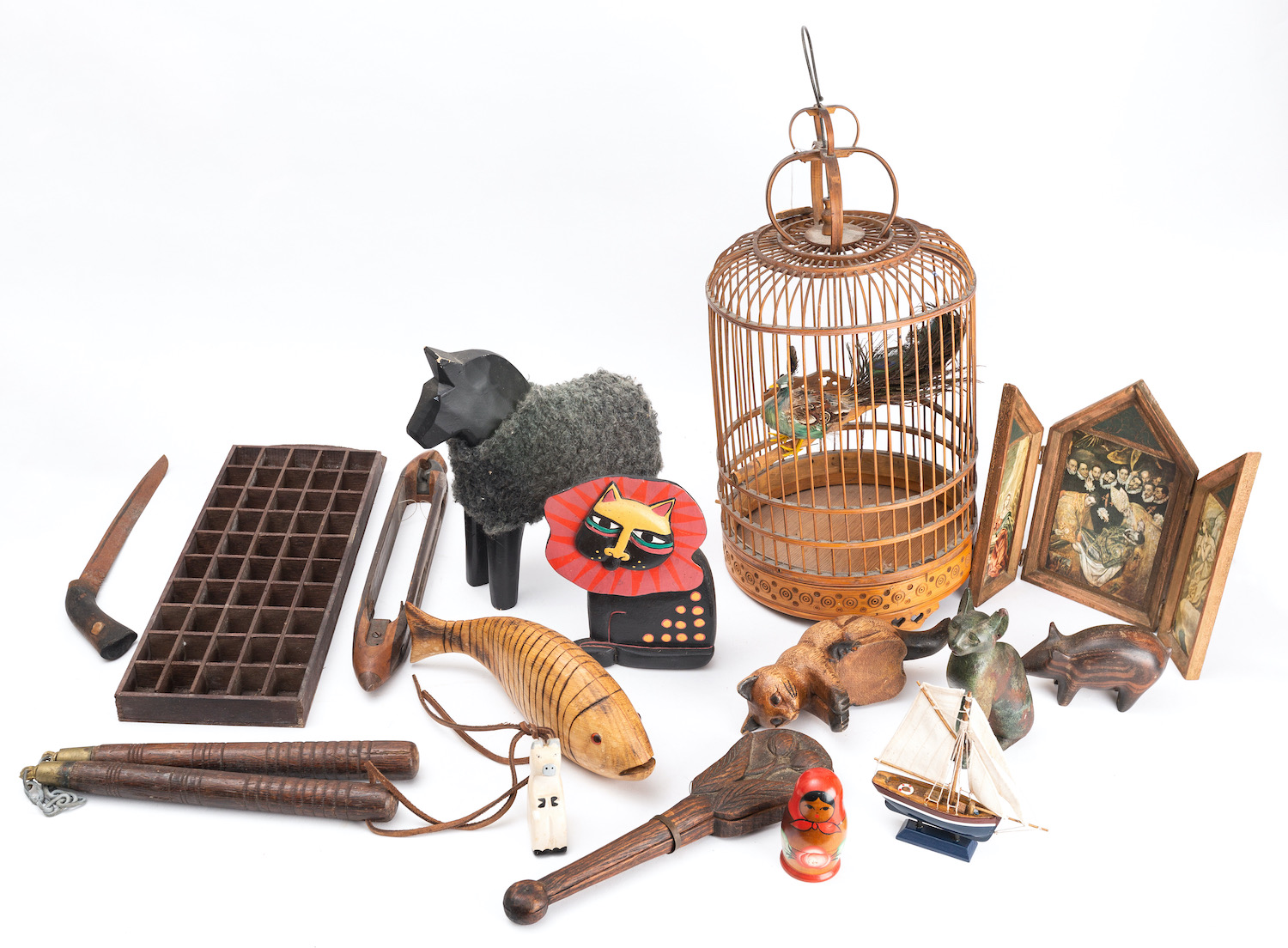 A reproduction birdcage together with a quantity of various treen