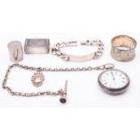 A silver cased pocket watch and chain, a