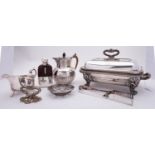 A group of silver plated items, comprising of; a glass and leather sprit flask with bayonet lid,