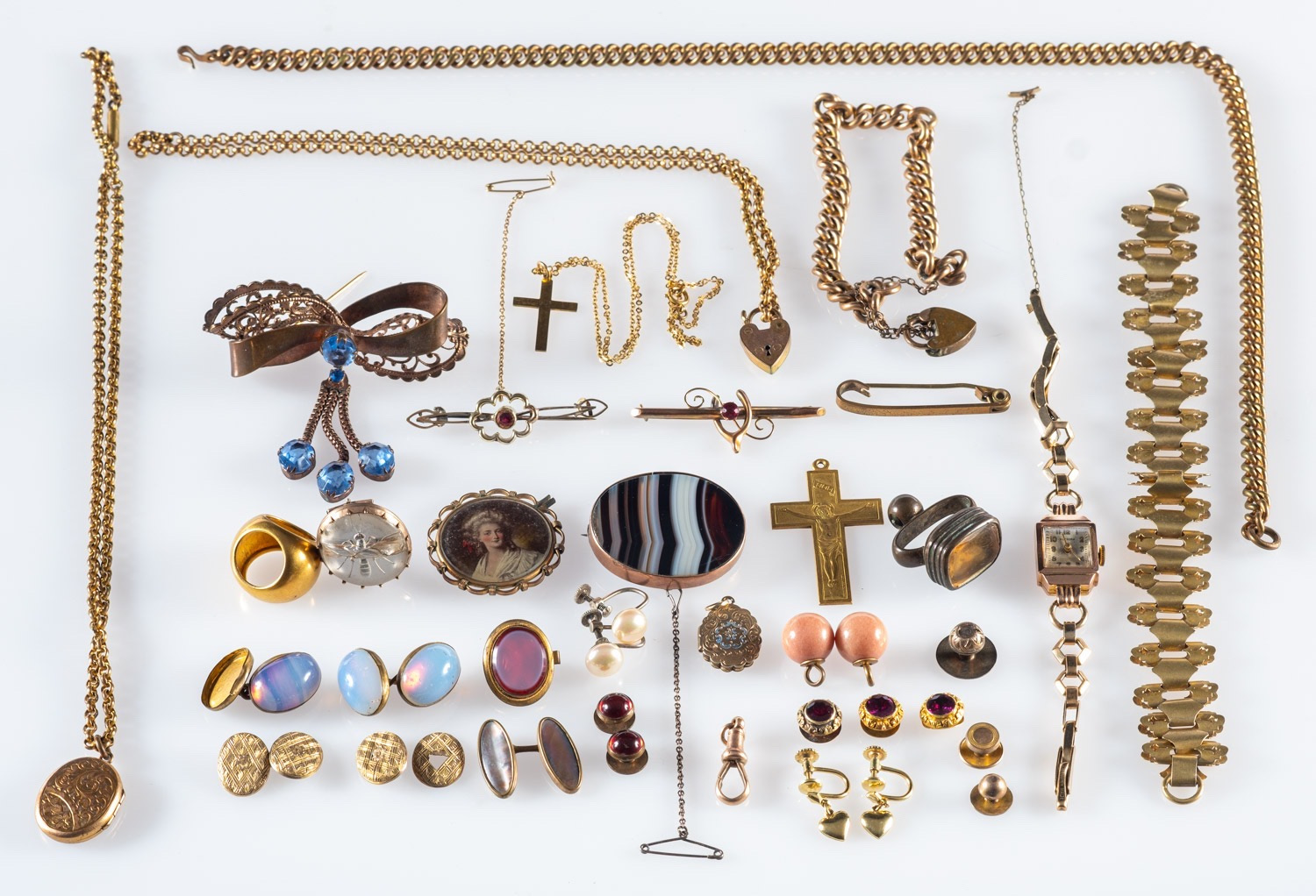 A mixed lot of antique costume jewellery, 9ct items and items of interest, to include bracelets,
