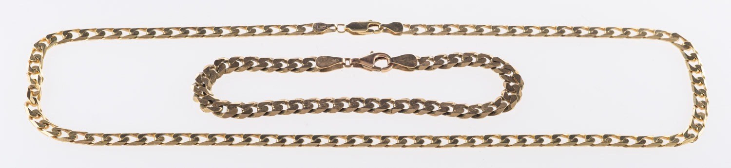 A 9ct yellow gold chain and bracelet, th