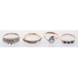 Four 9ct yellow gold rings, including a
