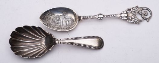 A Victorian silver caddy spoon, Exeter 1876, with shell bowl and feather banded edge,