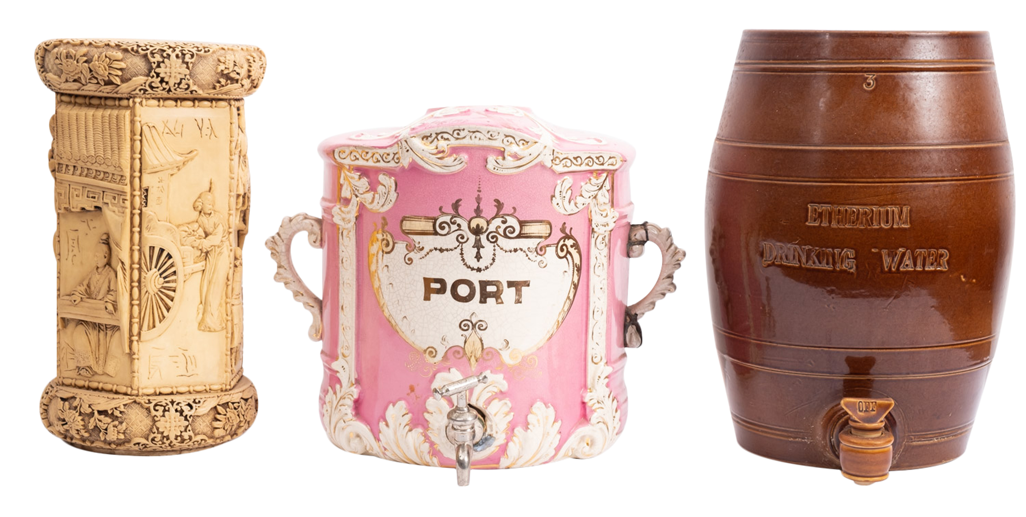 A Victorian Staffordshire pottery twin handled port barrel, pink glazed with raised foliage,