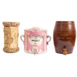 A Victorian Staffordshire pottery twin handled port barrel, pink glazed with raised foliage,