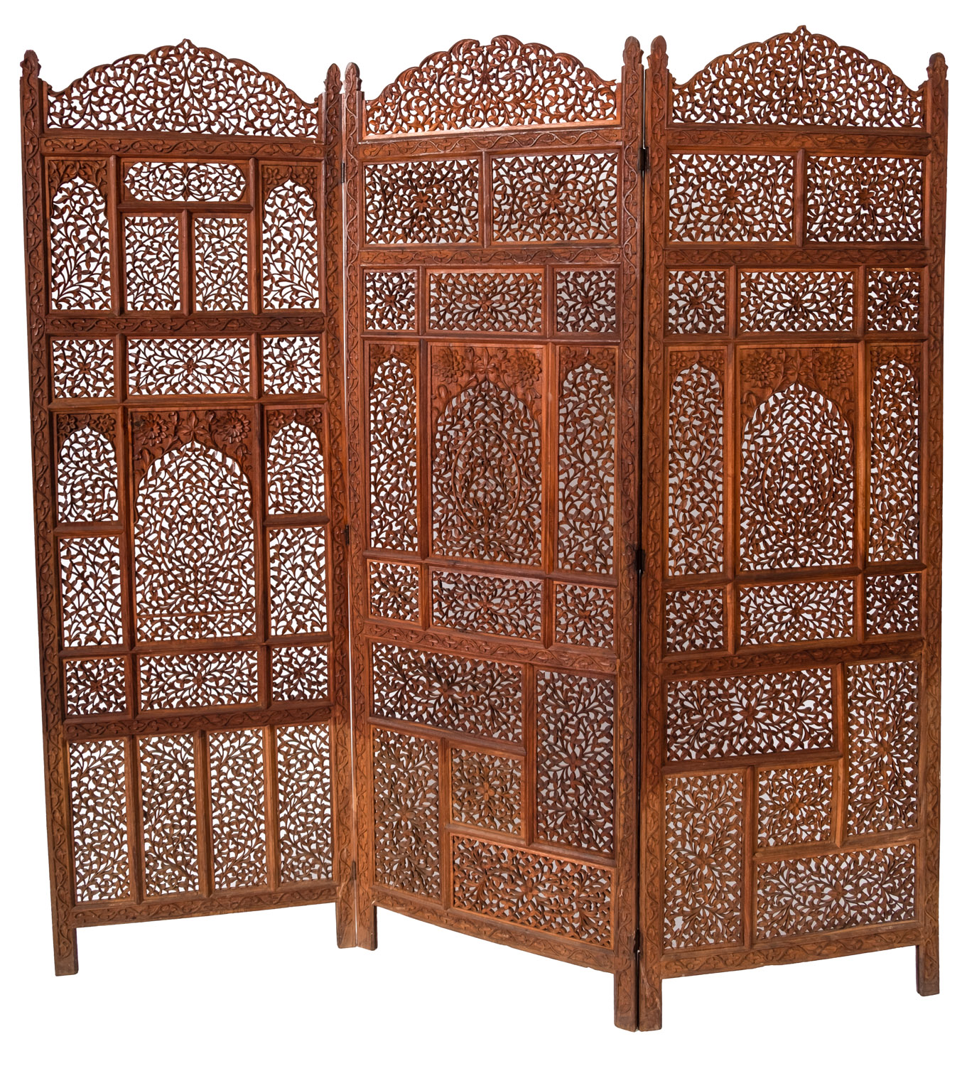 An Anglo Indian carved and stained hardwood three-fold room screen, early 20th Century,