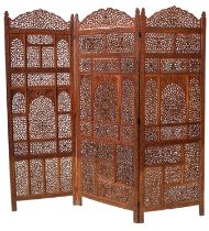 An Anglo Indian carved and stained hardwood three-fold room screen, early 20th Century,