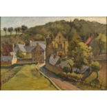 British School (early 20th Century) - two landscapes- Village scene with houses and a procession