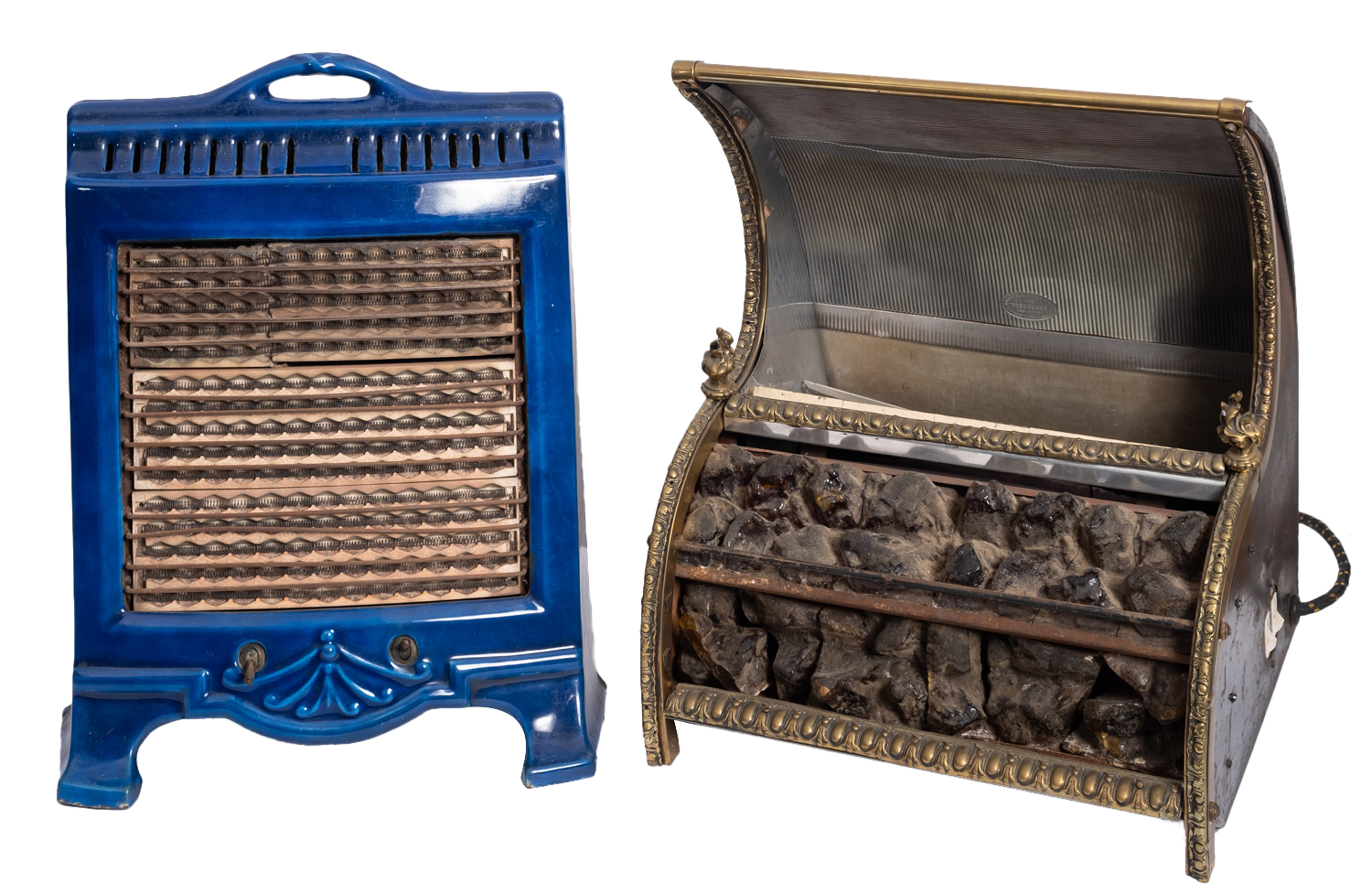 An early 20th century enamel electric fire and one other brass fire.