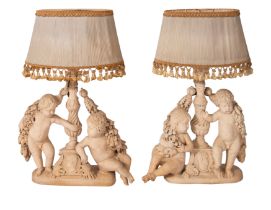 A pair of plaster groups of cavorting putti fitted as table lamps, 20th Century,