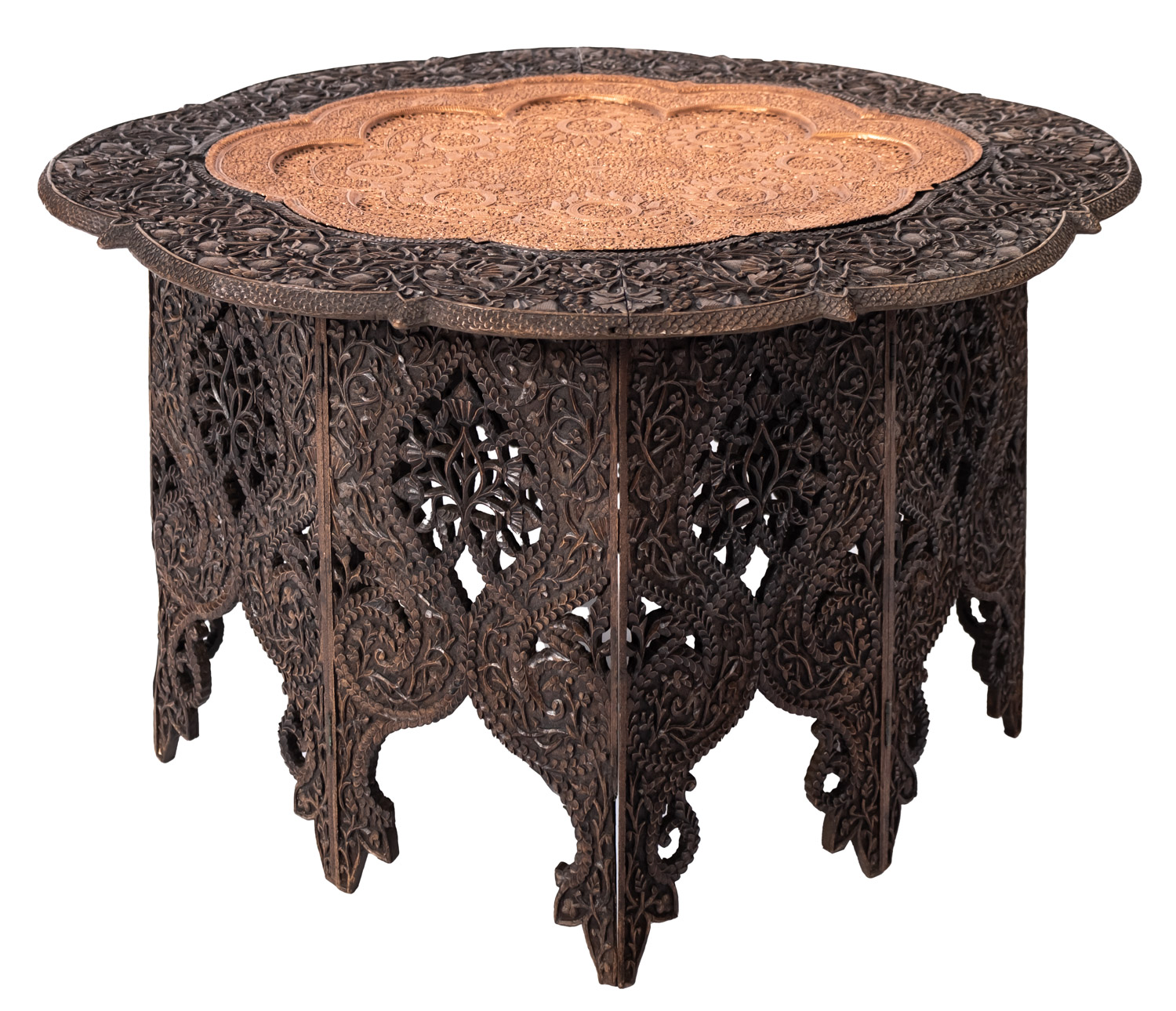 An Anglo Indian carved and stained hardwood and metal inset occasional table, circa 1900,