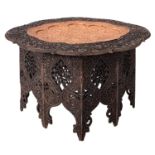 An Anglo Indian carved and stained hardwood and metal inset occasional table, circa 1900,