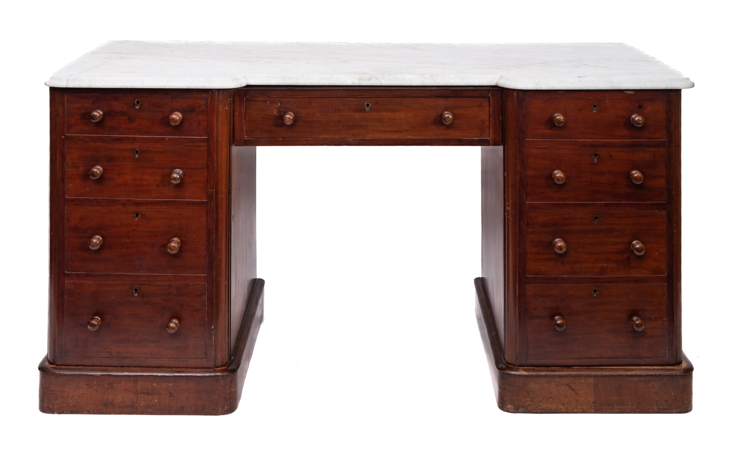 A Victorian mahogany pedestal wash stand the white marble top of recessed break front outline,