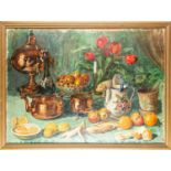 Continental School, 20th Century - Still life of a table of fruit, copper vessels, tulips,