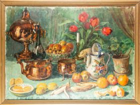Continental School, 20th Century - Still life of a table of fruit, copper vessels, tulips,