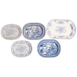 A pair of Staffordshire pottery blue and white transfer decorated meat plates with the asiatic