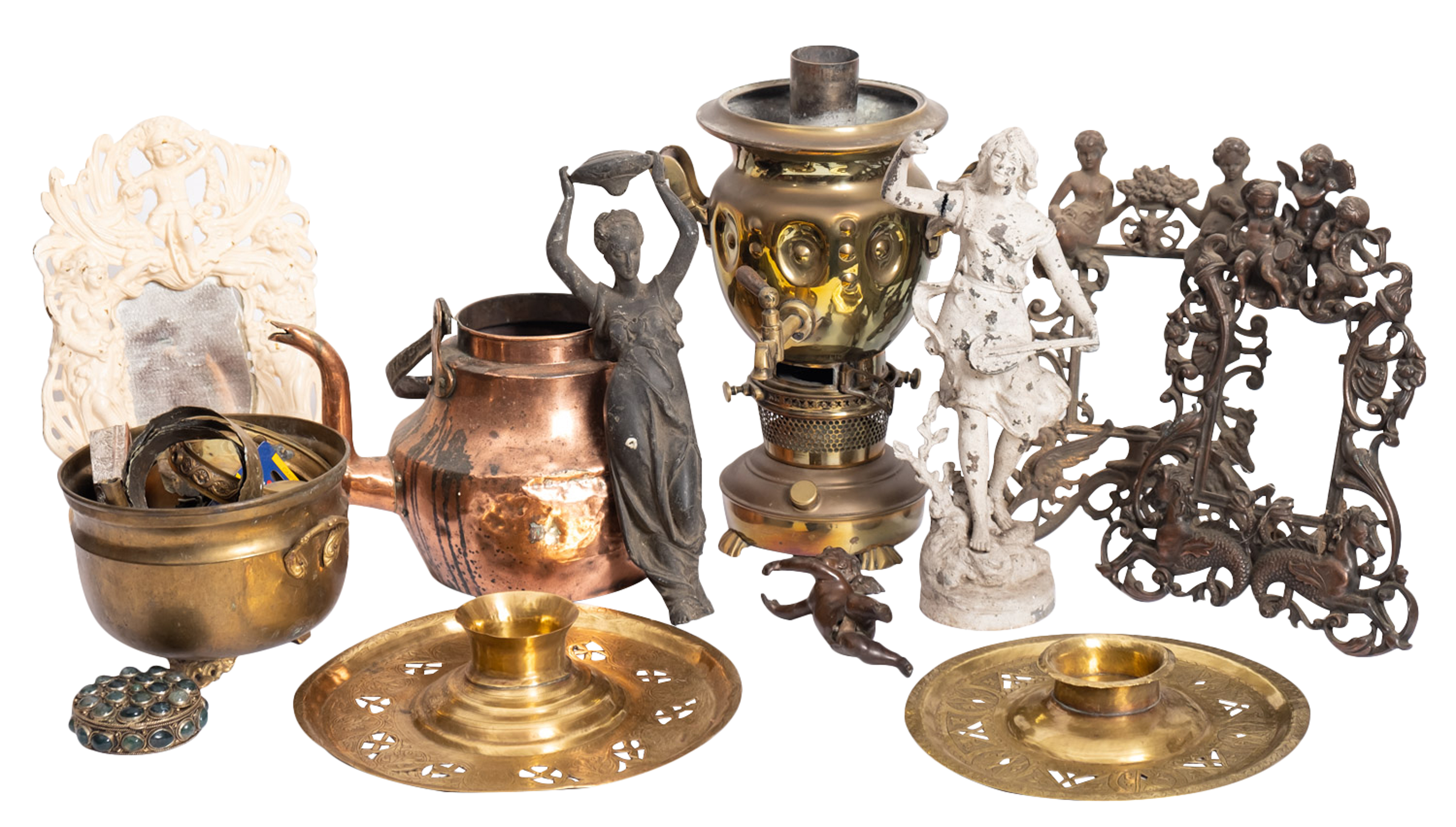 A collection of domestic brass and metalware,