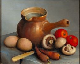 Two still life paintings, one by George Reekie (British, 20th Century) - Still life with carrots,