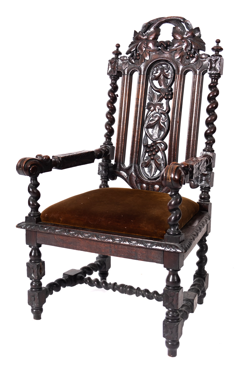 A match pair of Victorian carved oak elbow chairs in Charles II style, late 19th Century,