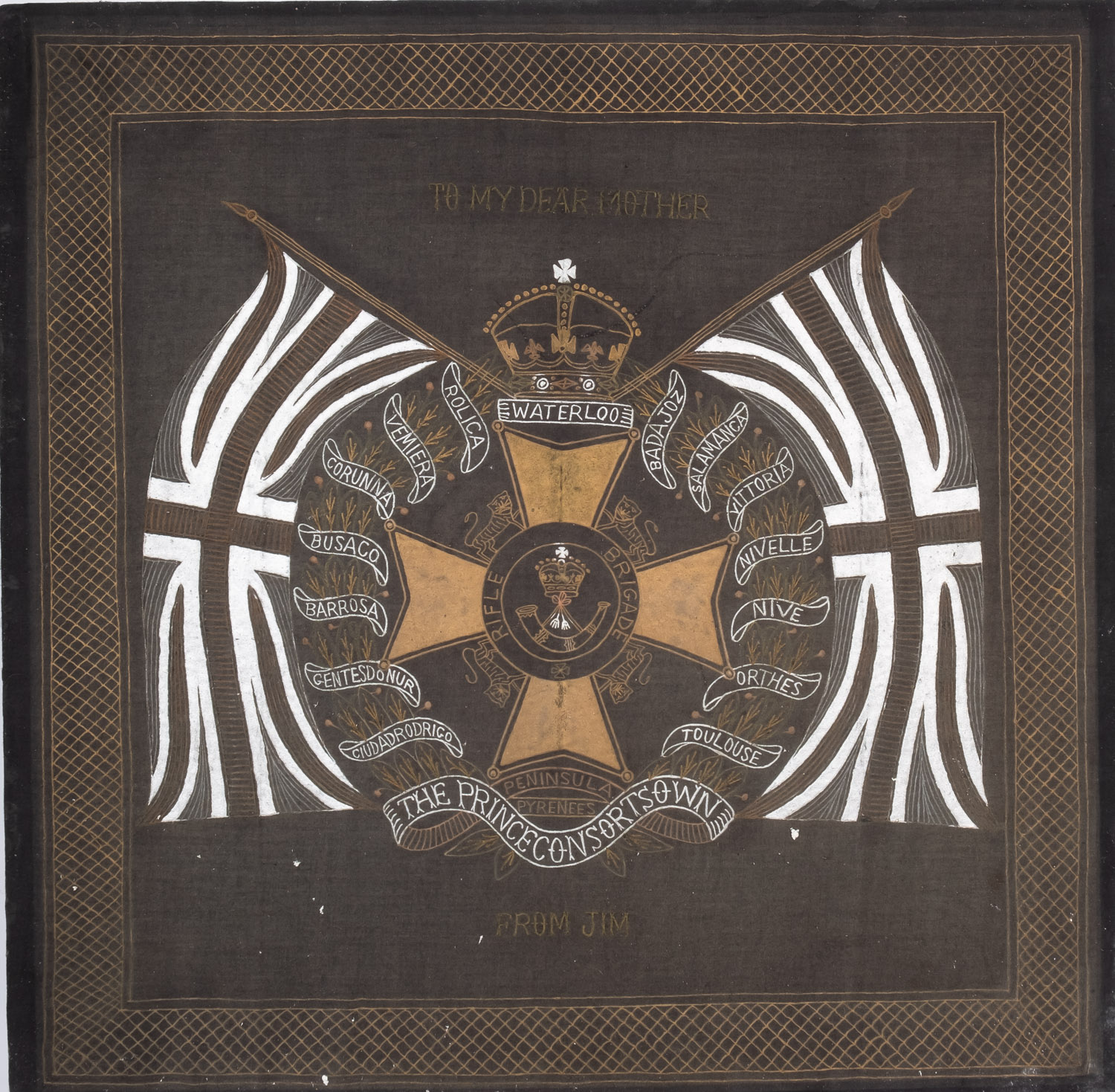 A WWI embroidered regimental crest - Rifle Brigade, 'The Prince Consorts Own',