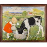 Muriel Dawson (British, fl.1920-1962) - Feeding the Calf - Pastel, watercolour and bodycolour - 67.