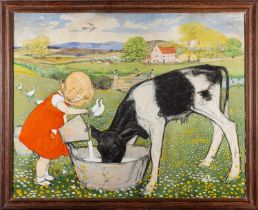 Muriel Dawson (British, fl.1920-1962) - Feeding the Calf - Pastel, watercolour and bodycolour - 67.