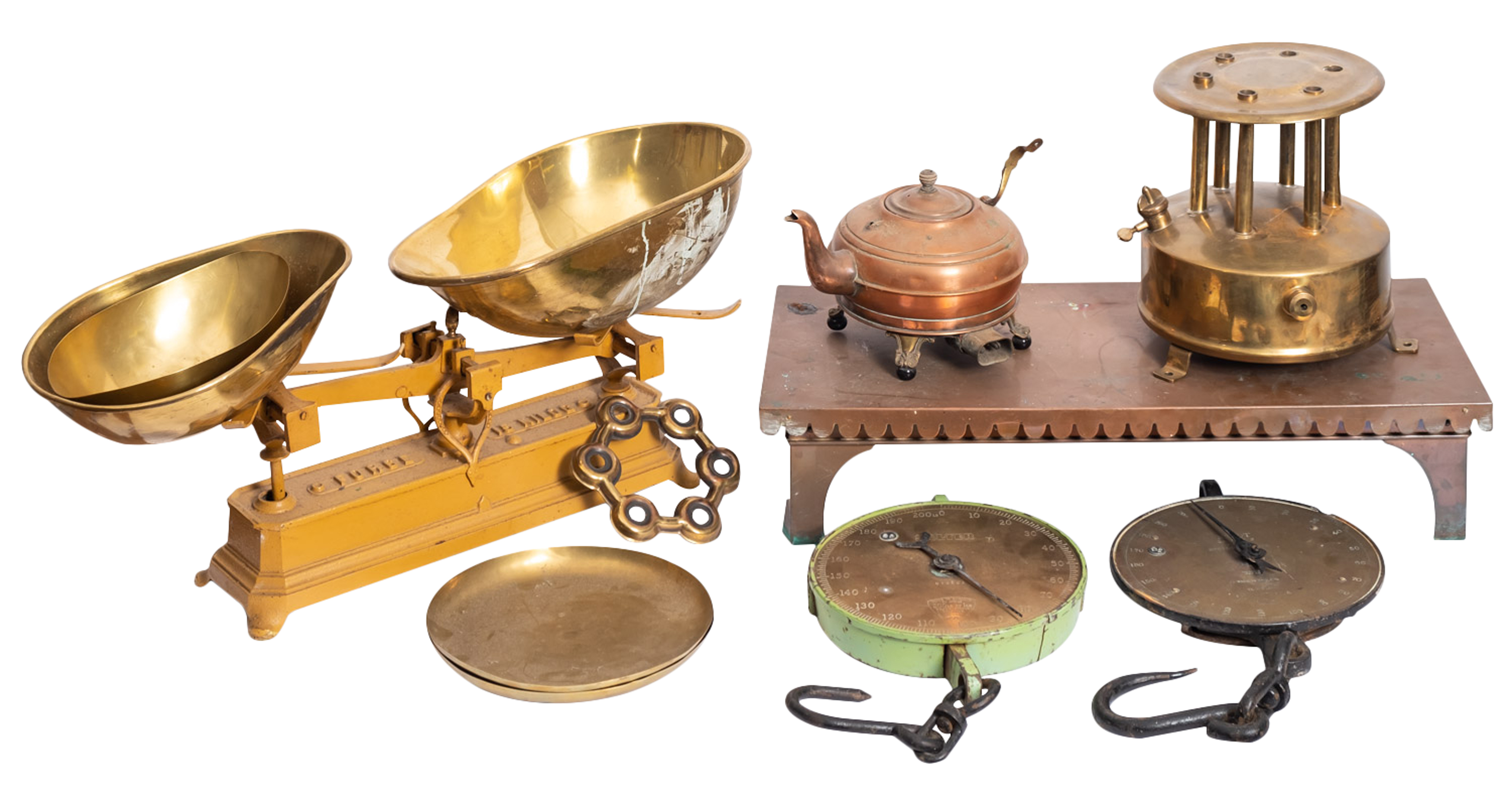 A set of iron and brass mounted countertop scales, early 20th century; 23cm high,