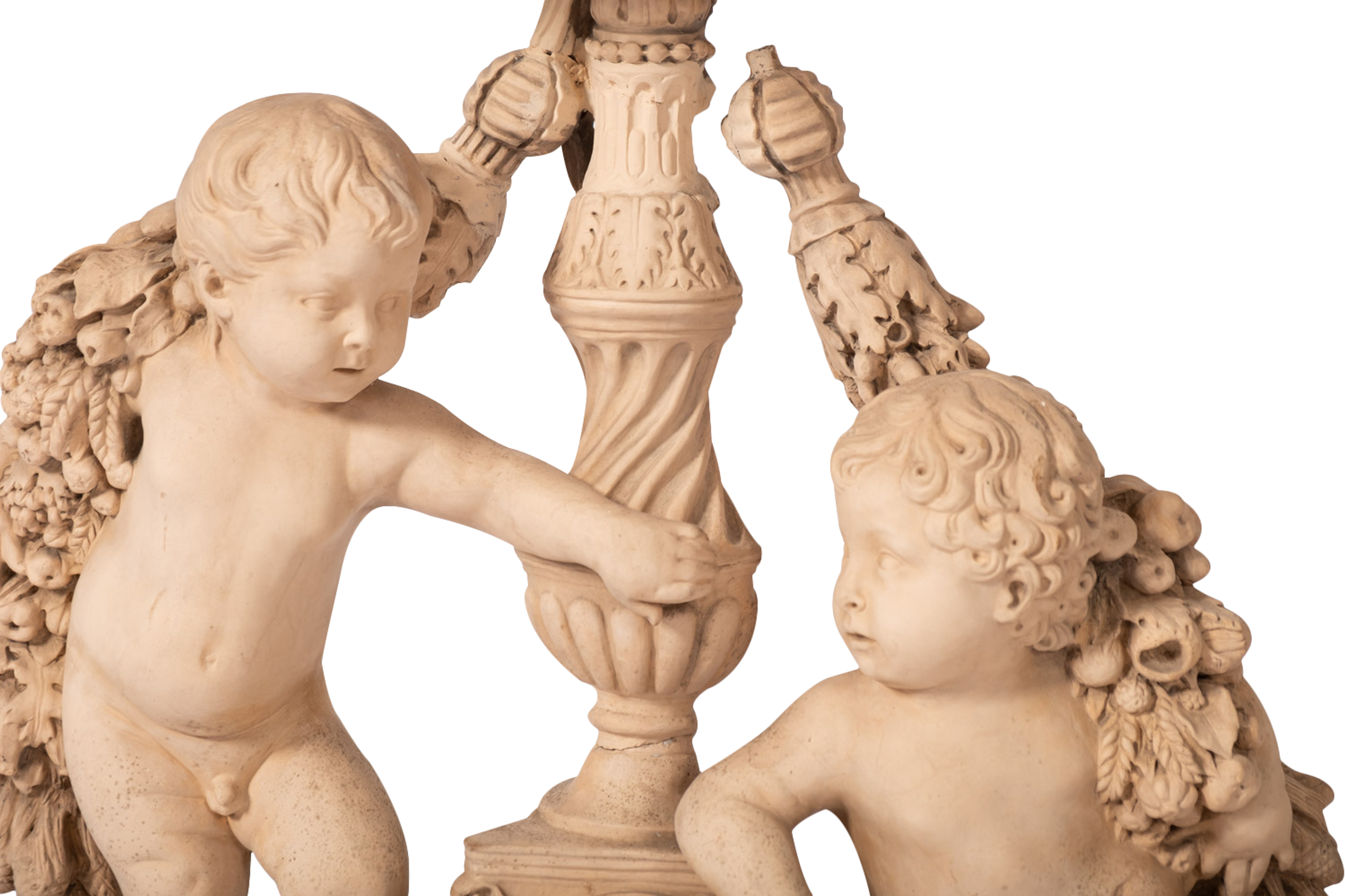 A pair of plaster groups of cavorting putti fitted as table lamps, 20th Century, - Image 2 of 3