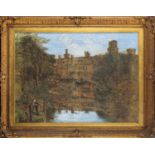 British School (19th Century)- Warwick Castle with a boy fishing in the foreground - Watercolour