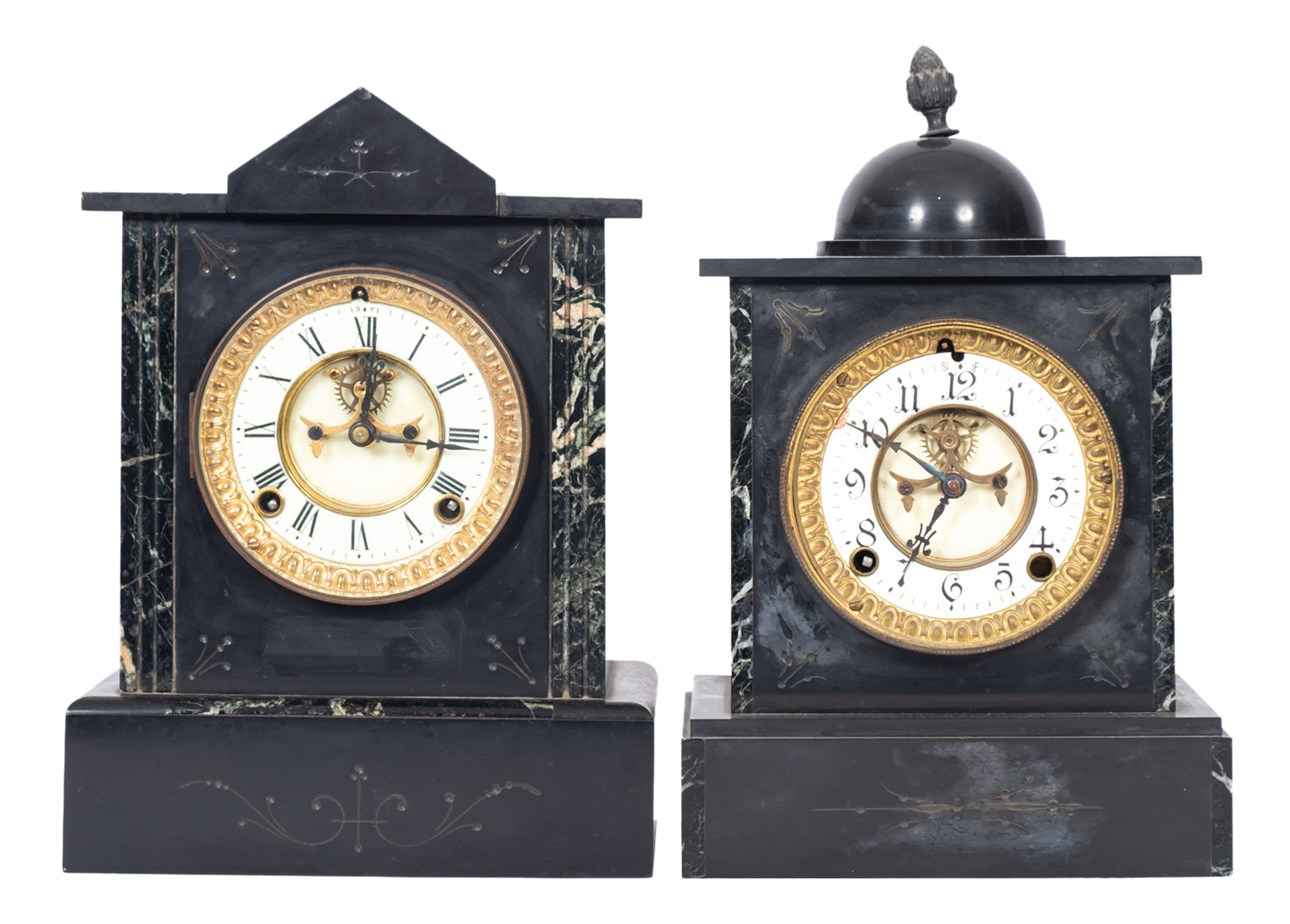 A late Victorian black marble and variegated mantel clock with cupola surmount,