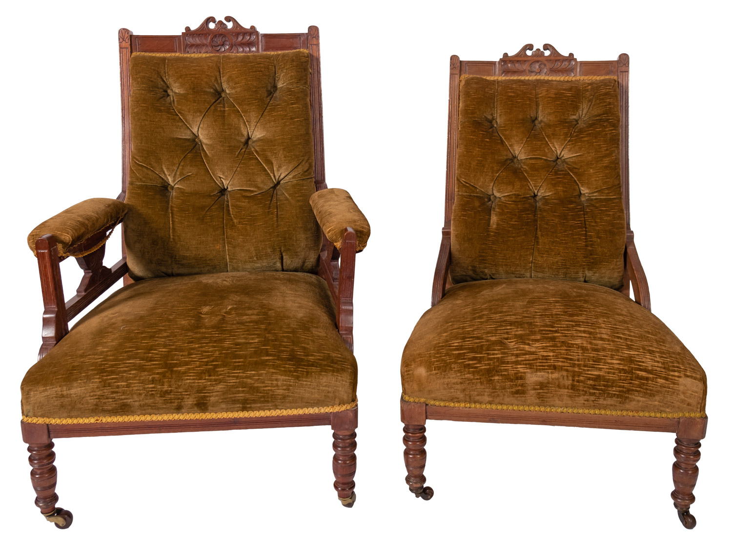 A Victorian Gentleman's mahogany open armchair with matching lady's chair,