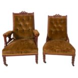 A Victorian Gentleman's mahogany open armchair with matching lady's chair,