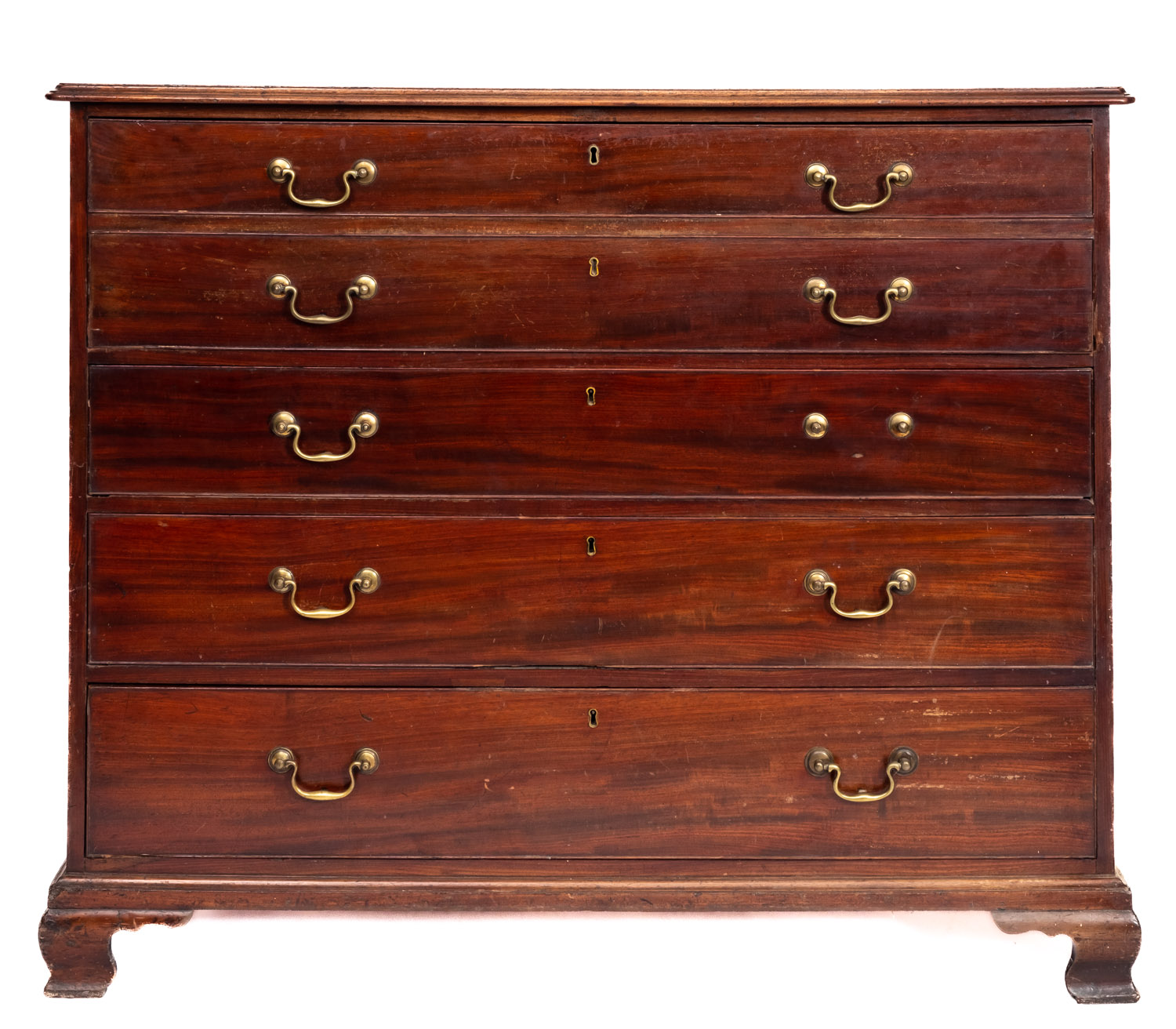 A George III mahogany secretaire chest, circa 1810, the top with a moulded edge,