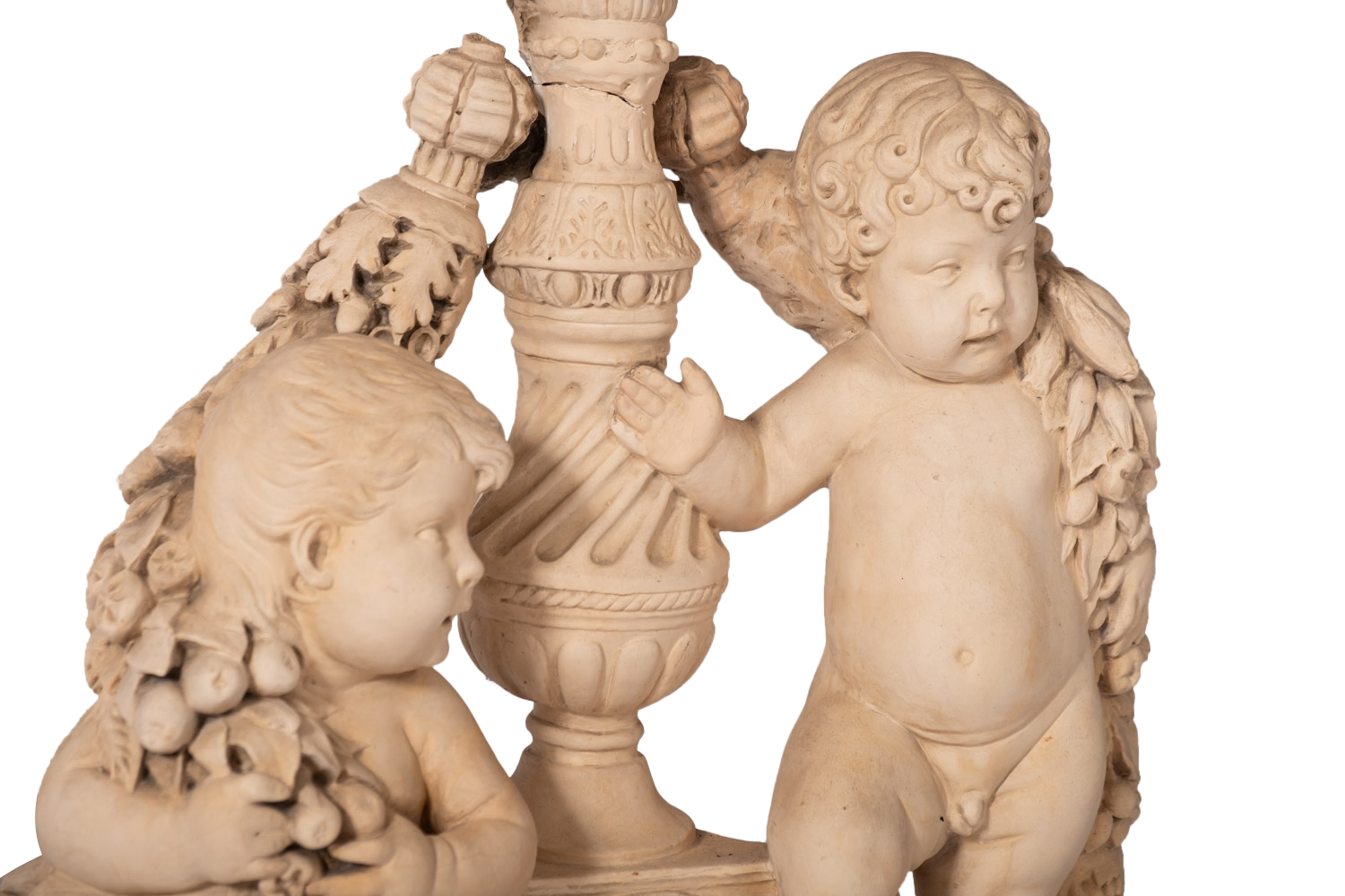 A pair of plaster groups of cavorting putti fitted as table lamps, 20th Century, - Image 3 of 3